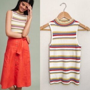 Moth Anthropologie Mock Neck Linen Blend Ribbed Tank Top